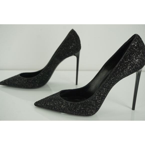 Saint Laurent Zoe 110MM Super Black Glitter Pointy Toe Pumps SZ 38.5 NIB $795 - Picture 8 of 11